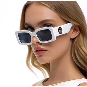 White Sunglasses Rectangular Square Thick Frame Women Shades Elegant Sun Protect
